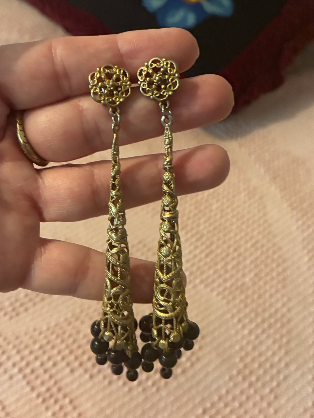 Elegant Vintage  Gold Filigree Drop Earrings with Black Beads